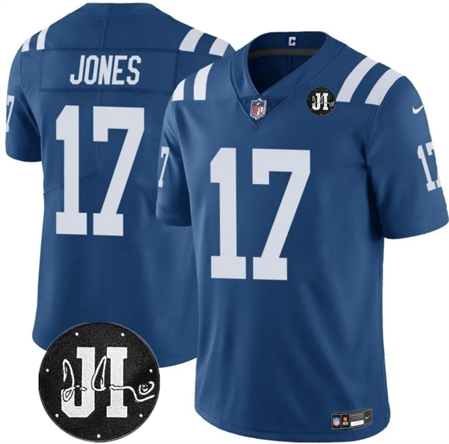 Men's Indianapolis Colts #17 Daniel Jones Blue Jim Irsay Patch Vapor Stitched Jersey